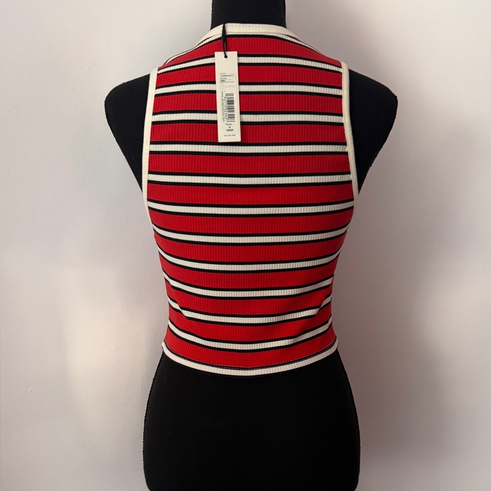 Alice + Olivia Red and Black Striped Ribbed Tank with Cream Trim - Picture 3 of 4